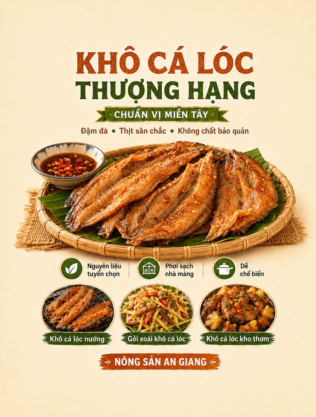 Khô cá lóc thượng hạng chuẩn vị miền Tây, thịt dày dai ngọt, tẩm ướp vừa ăn, phơi nhà màng sạch sẽ, không chất bảo quản. Thích hợp chiên, nướng, làm gỏi xoài hoặc quà biếu.