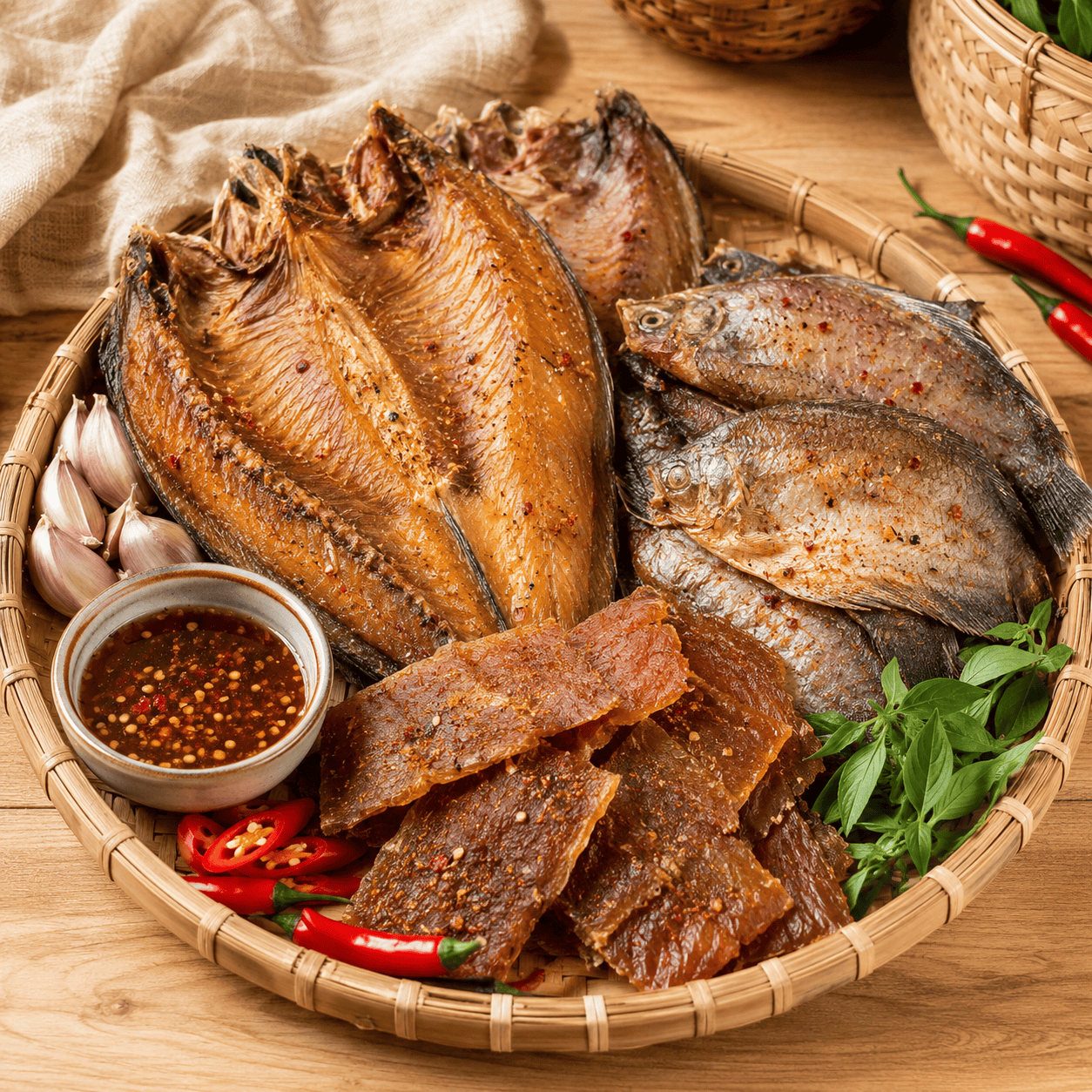 Tổng hợp các loại khô cá đặc sản miền Tây được tuyển chọn kỹ, tẩm ướp vừa vị, thuận tiện chế biến thành nhiều món ngon.