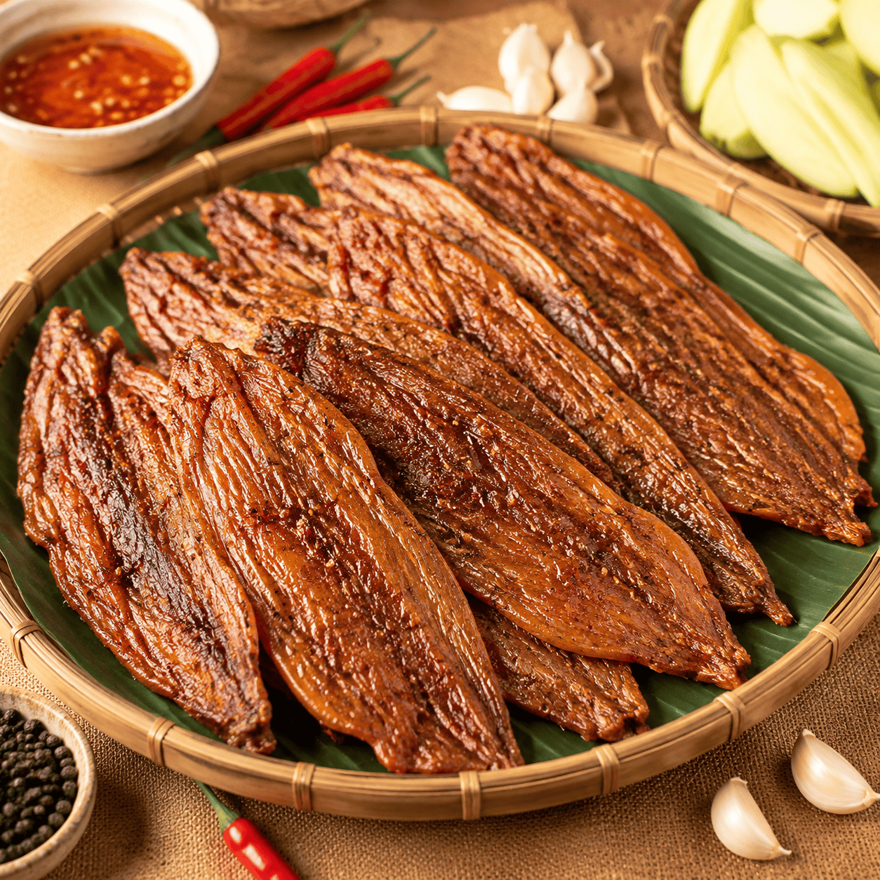 Khô rắn đặc sản An Giang có hương vị đậm đà, thớ thịt săn chắc, phù hợp chế biến thành các món chiên, nướng và gỏi.
