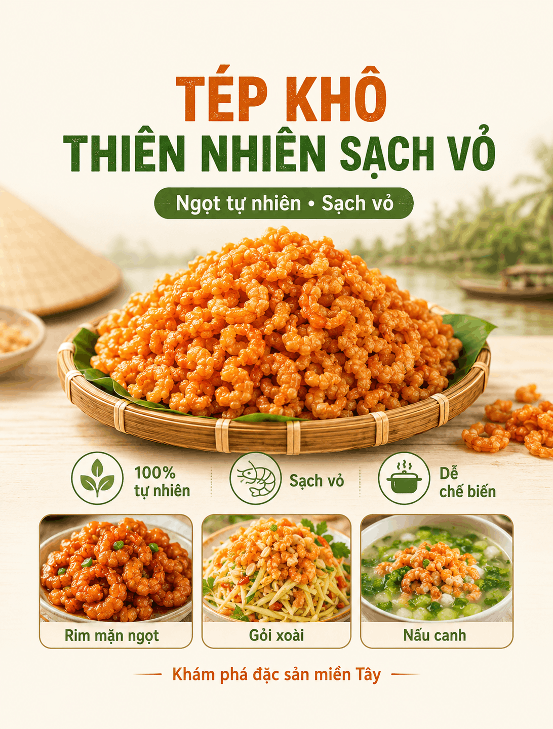 Tép khô thiên nhiên sạch vỏ làm từ tép sông tự nhiên, vị ngọt đậm đà, giòn thơm, không chất bảo quản. Tiện chế biến món rim, gỏi và canh.
