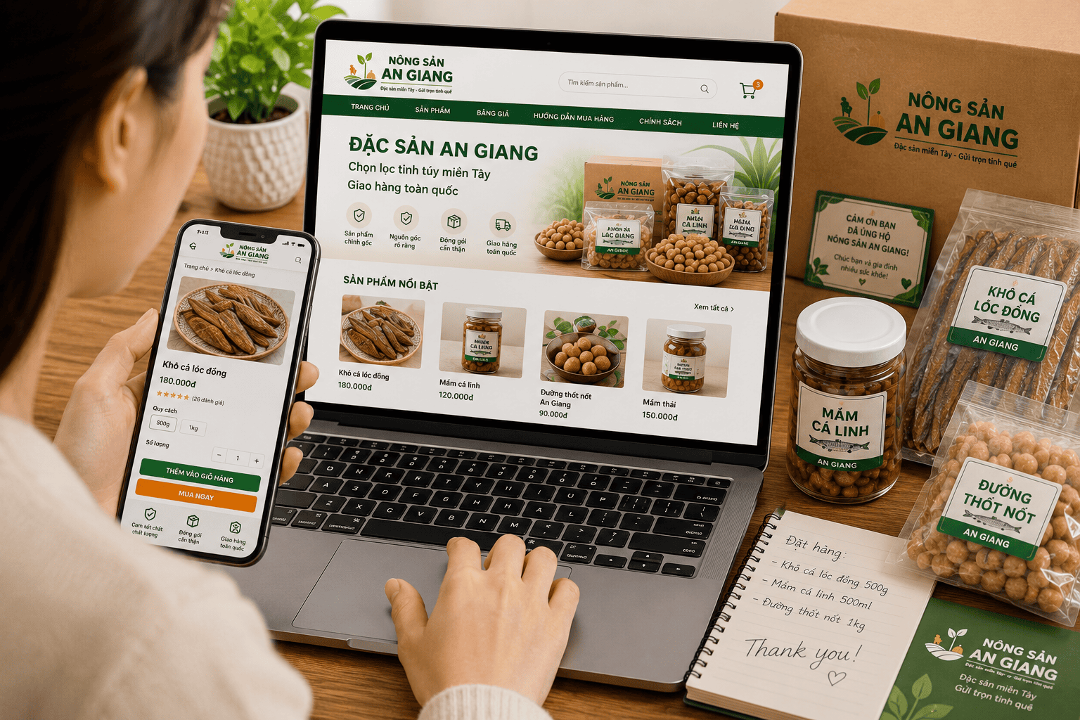 Bộ sản phẩm đặc sản An Giang đóng gói gọn gàng bên cạnh điện thoại hiển thị website