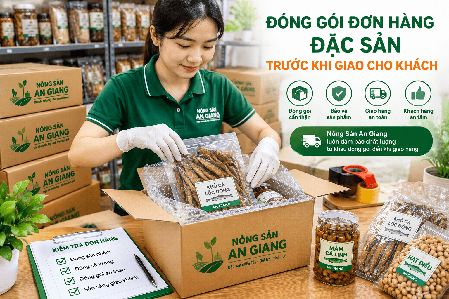 Giới thiệu Nông Sản An Giang – Đặc sản miền Tây gần gũi trong từng sản phẩm 8 Đóng gói đơn hàng đặc sản trước khi giao cho khách
