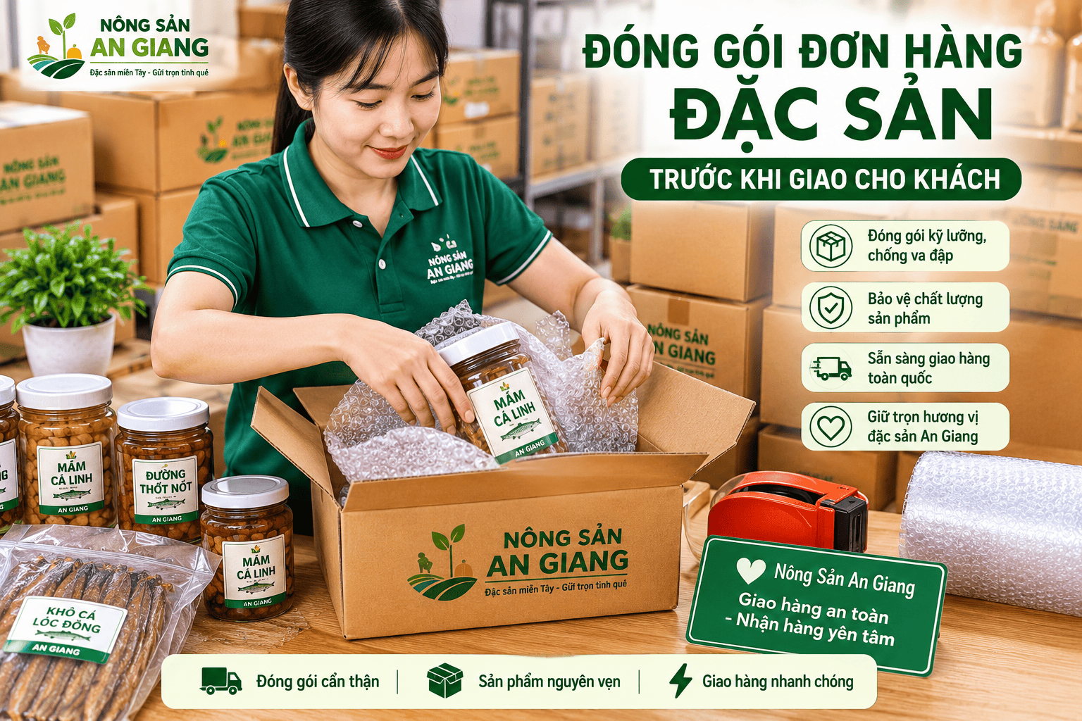 Về Nông Sản An Giang – Đặc sản An Giang, nông sản miền Tây chất lượng 1 Đóng gói đơn hàng đặc sản trước khi giao cho khách