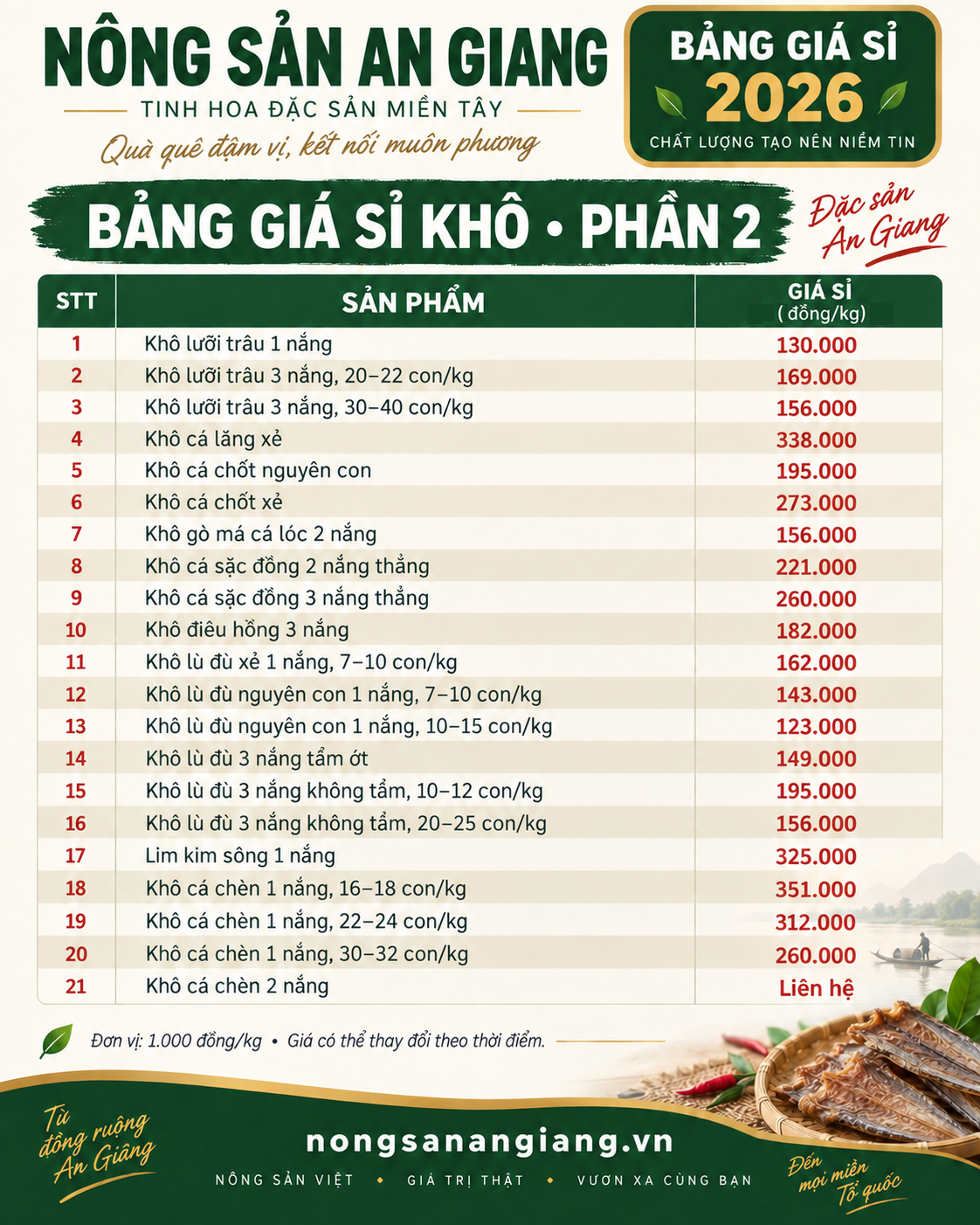 Bảng giá sỉ khô 2