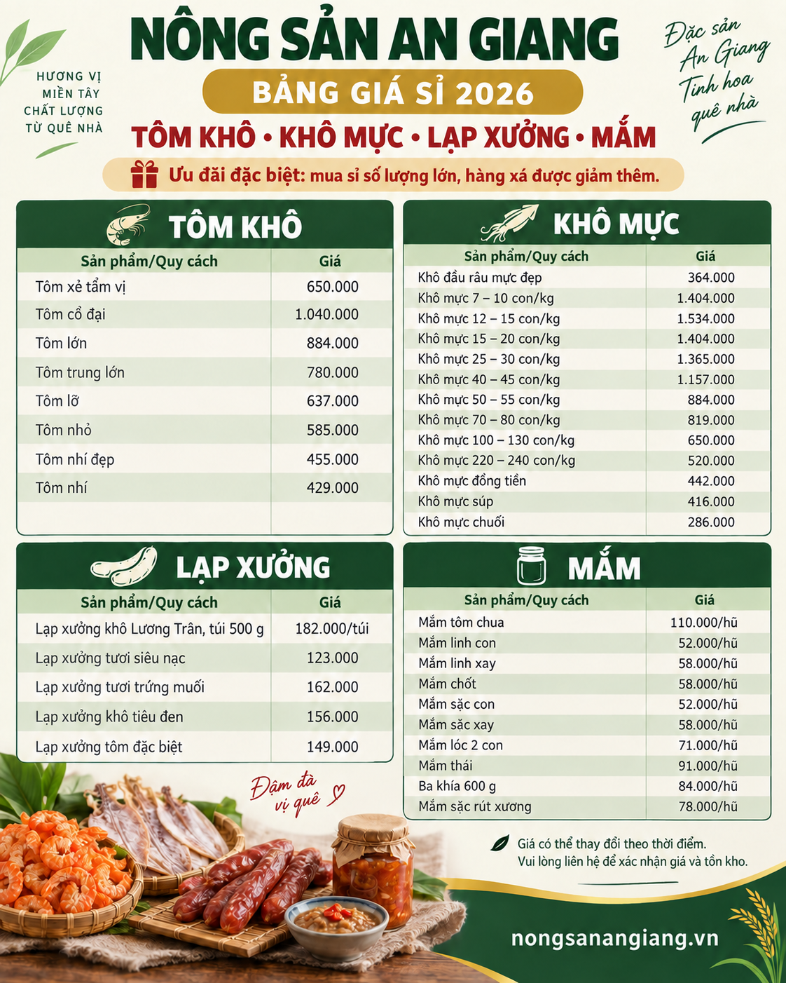 Bảng giá tôm, mực, lạp xưởng và mắm