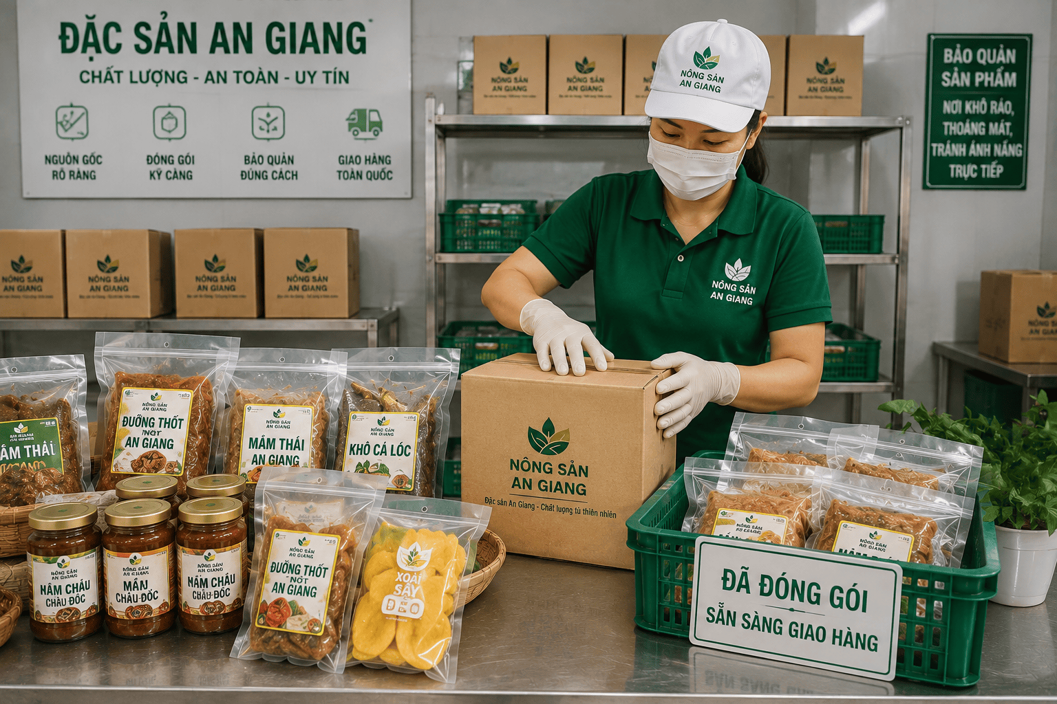 Quy trình sản xuất đặc sản An Giang: Từ nguyên liệu đến sản phẩm hoàn thiện 8 Đặc sản An Giang được đóng gói và bảo quản trước khi giao