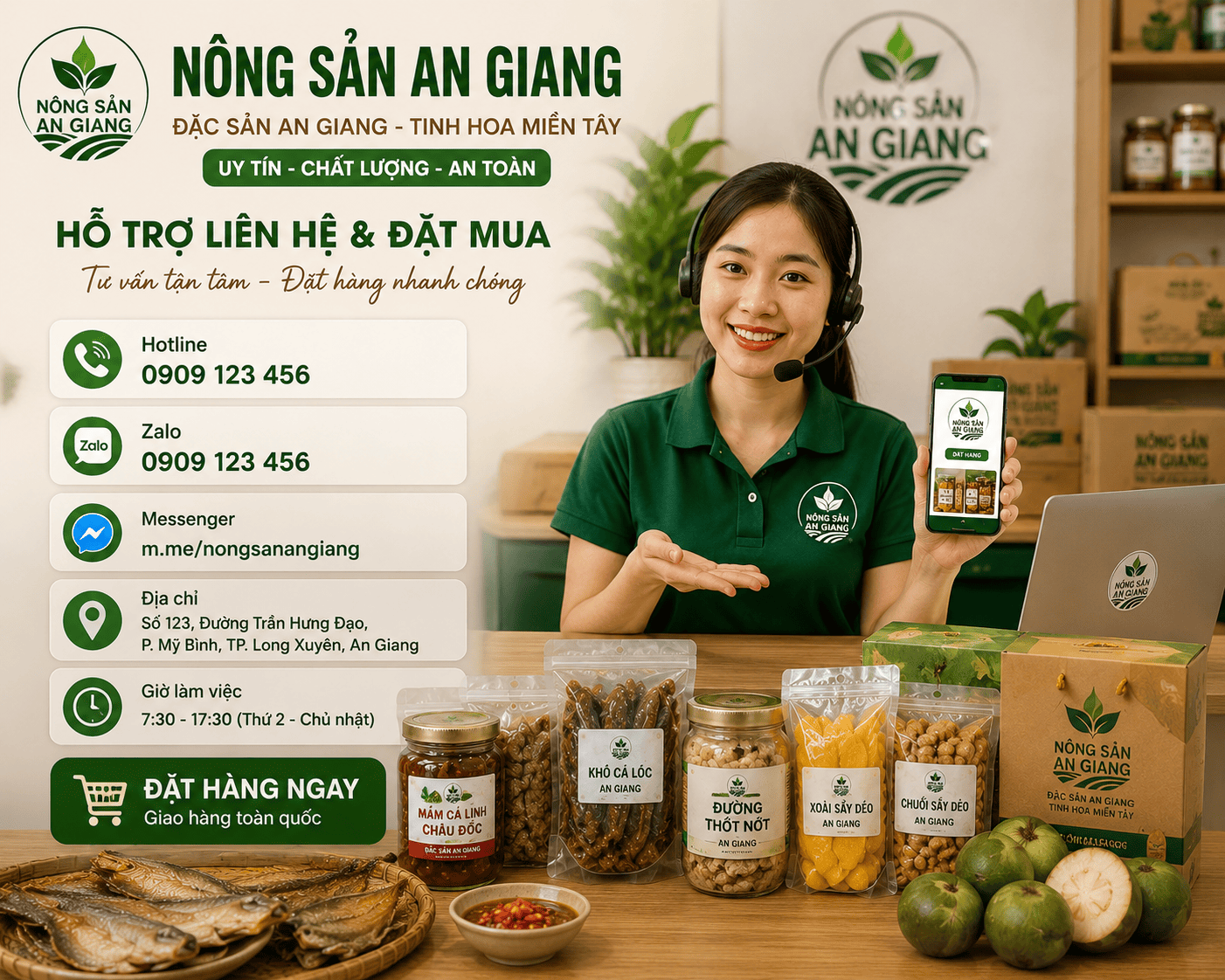 Liên hệ Nông Sản An Giang – Tư vấn sản phẩm và hỗ trợ đặt hàng 1 Đặc sản An Giang đóng gói phù hợp làm quà