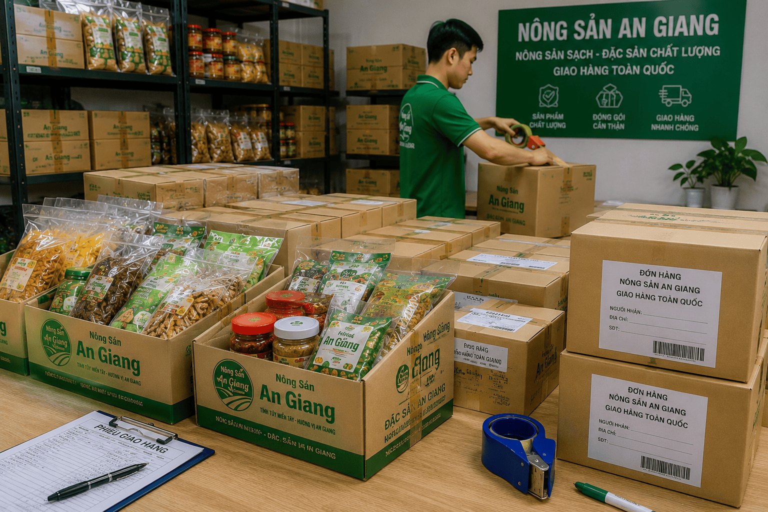 Kho hàng Nông Sản An Giang – Nơi tập trung đặc sản địa phương thuận tiện đặt mua 3 Đơn hàng nông sản được đóng gói chuẩn bị giao đi