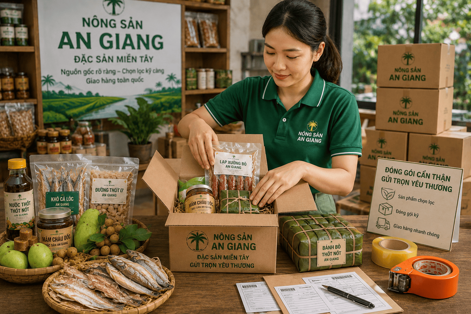 Câu chuyện Nông Sản An Giang – Từ sản vật địa phương đến lựa chọn cho mỗi gia đình 5 Đóng gói đặc sản An Giang trước khi giao đến khách hàng