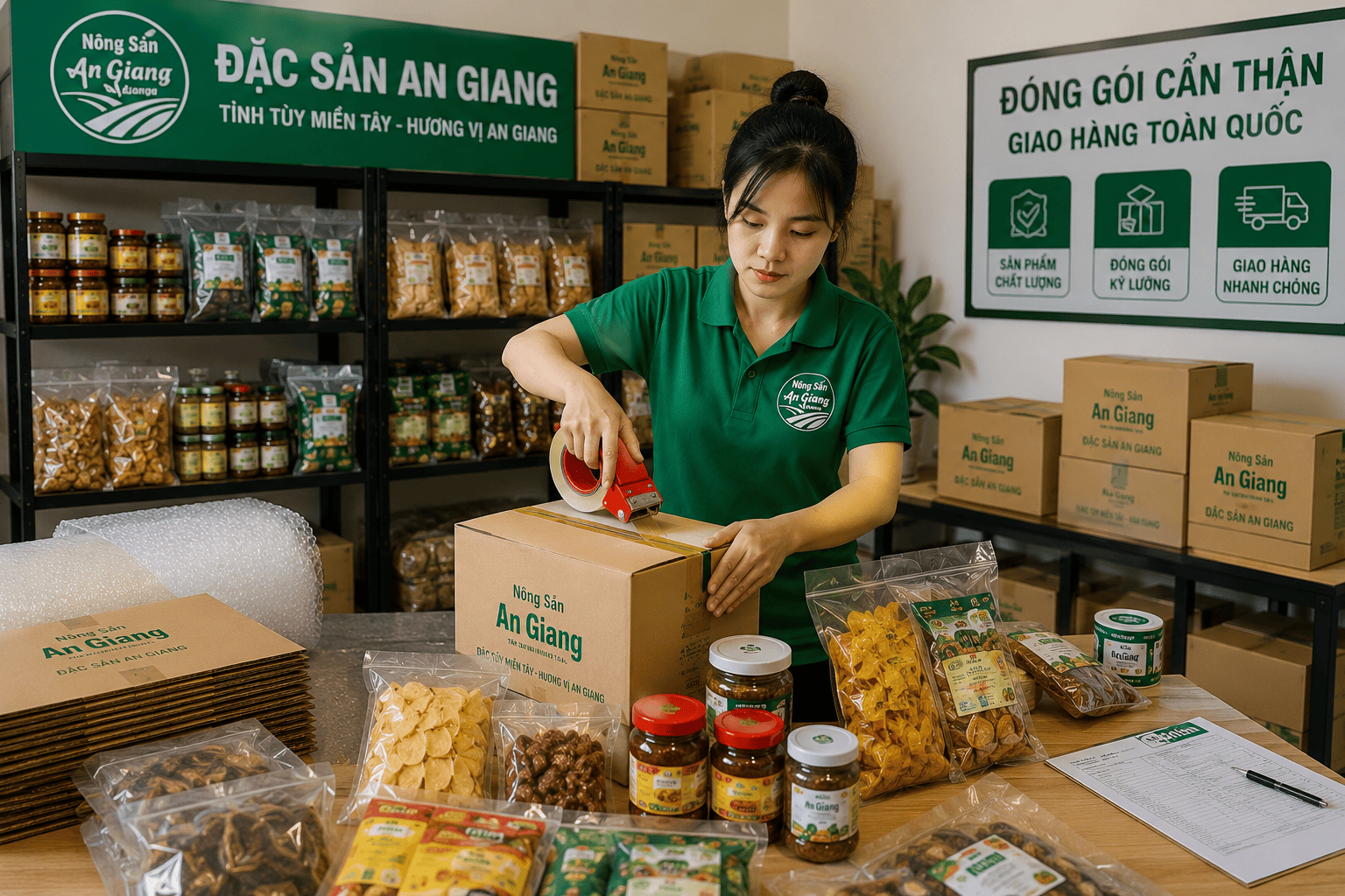 Kho hàng Nông Sản An Giang – Nơi tập trung đặc sản địa phương thuận tiện đặt mua 4 Đóng gói đặc sản An Giang trước khi giao cho khách