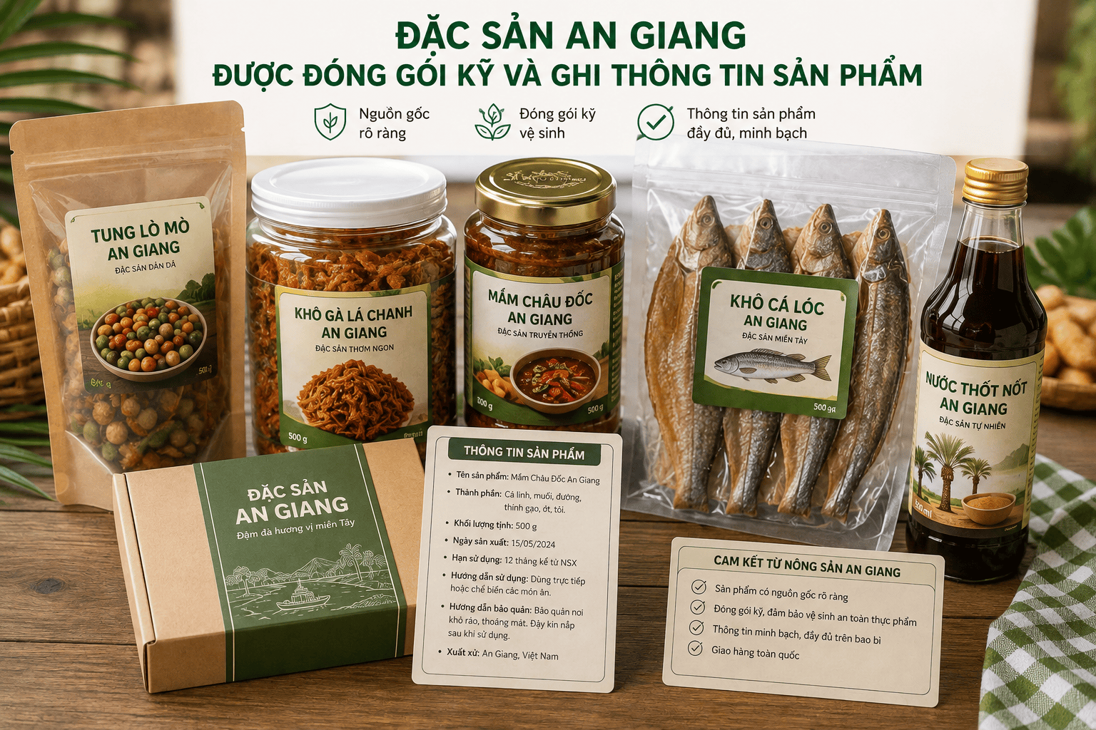 Catalogue đặc sản An Giang dành cho cửa hàng, đại lý và đối tác 4 Đặc sản An Giang được đóng gói kỹ và ghi thông tin sản phẩm