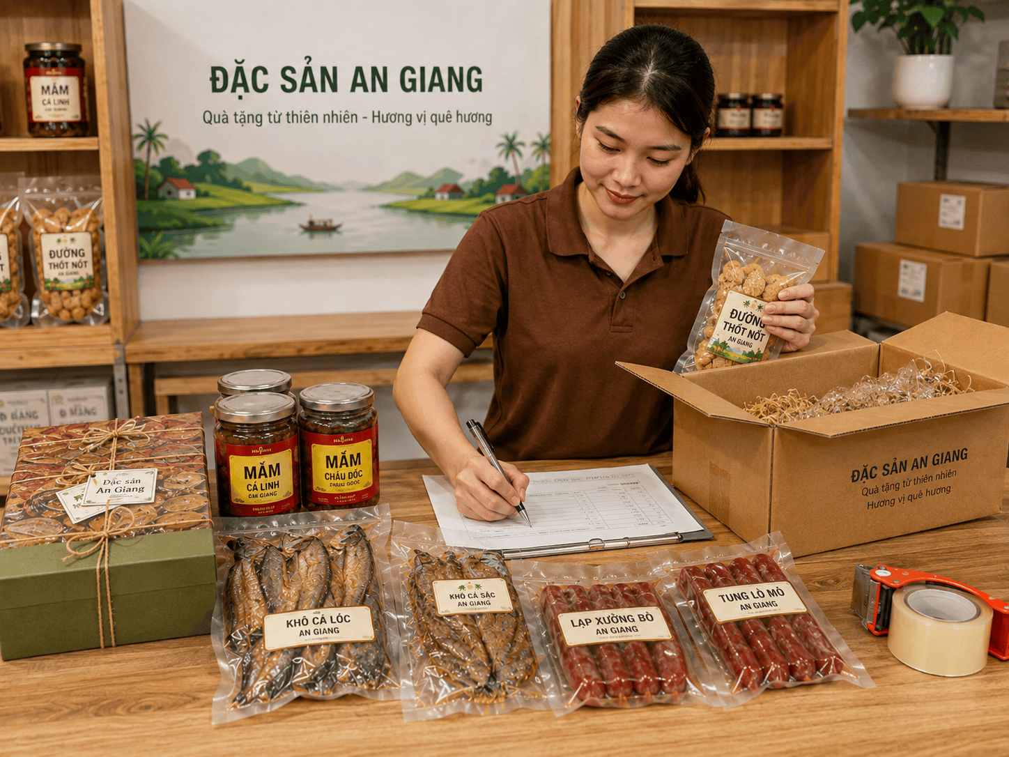 Chính sách vận chuyển đặc sản tại Nông Sản An Giang 3 Nhân viên chuẩn bị đơn hàng đặc sản trước khi giao