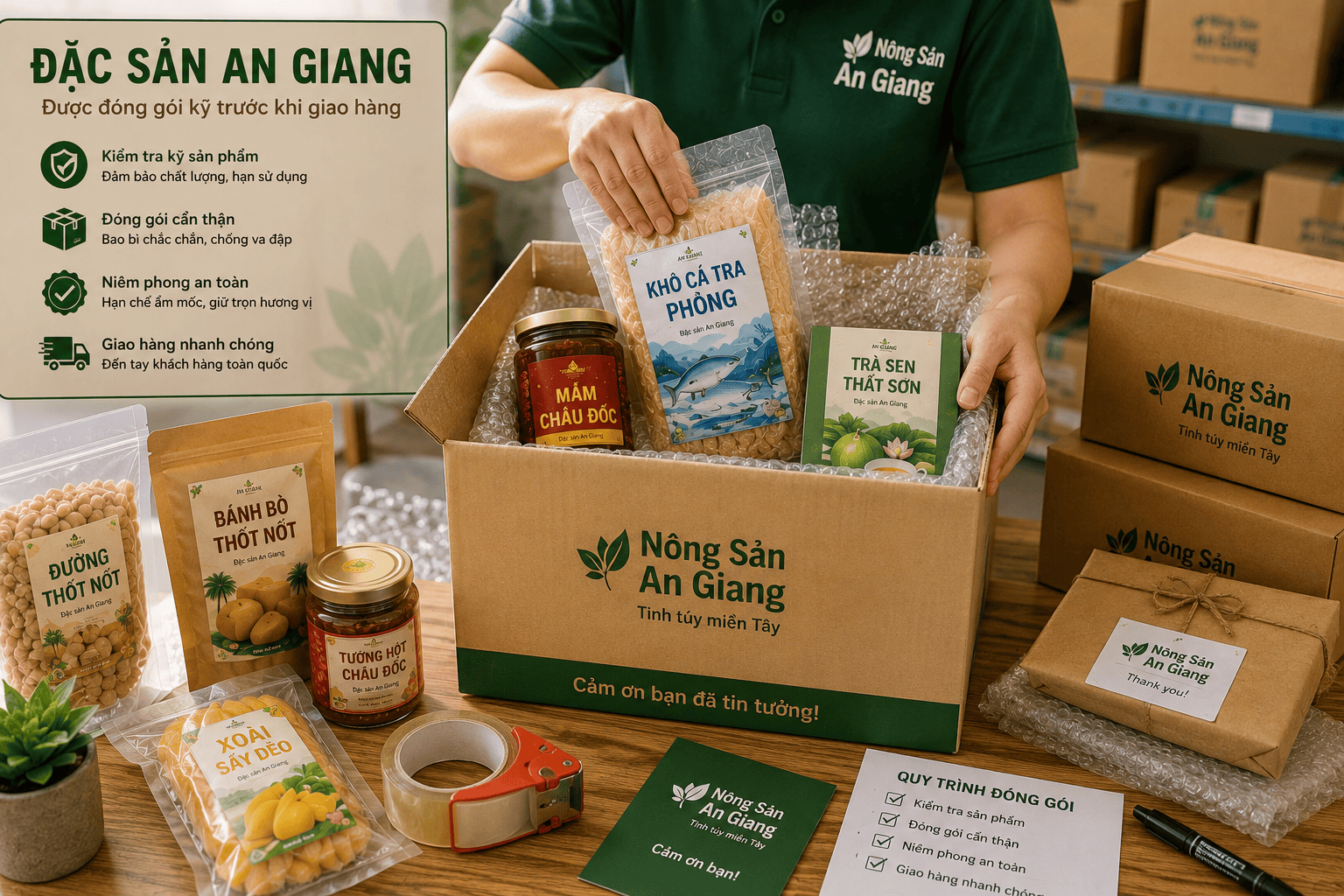 Hỏi đáp mua đặc sản An Giang: Những điều cần biết trước khi đặt mua 3 Đặc sản An Giang được đóng gói kỹ trước khi giao hàng