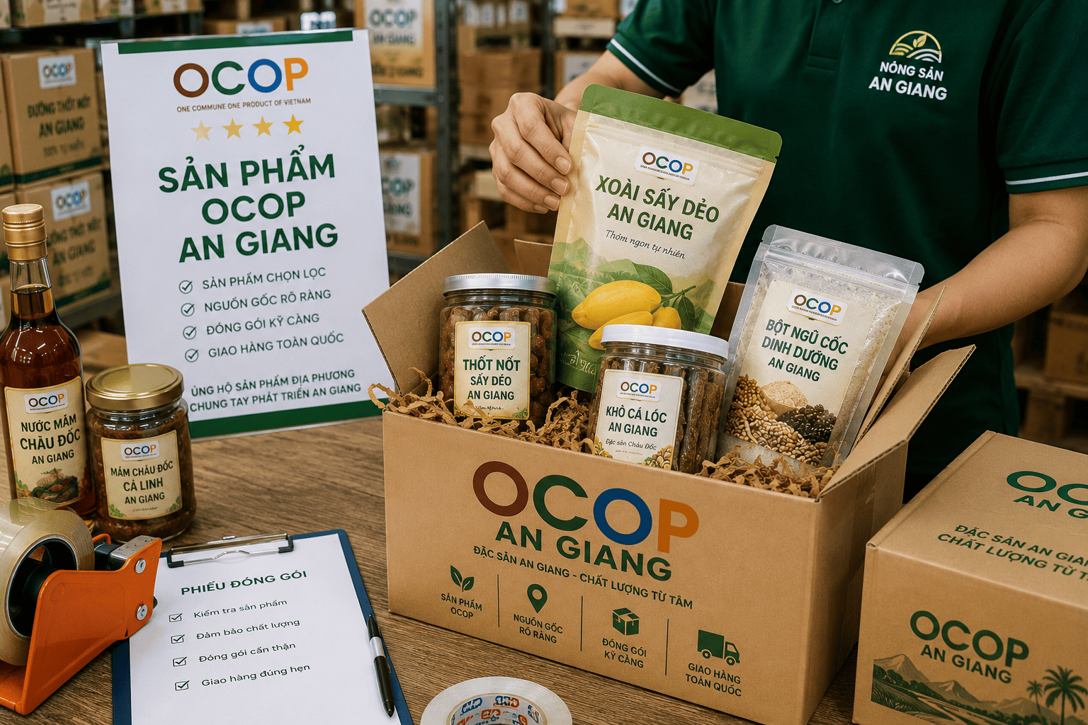 Sản phẩm OCOP An Giang – Đặc sản địa phương chọn lọc, thuận tiện mua online 6 Đóng gói sản phẩm OCOP An Giang để giao hàng
