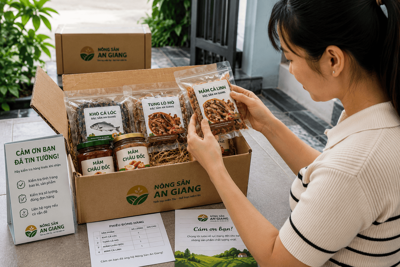 Chính sách đổi trả đặc sản tại Nông Sản An Giang 6 Khách hàng kiểm tra đặc sản khi nhận hàng