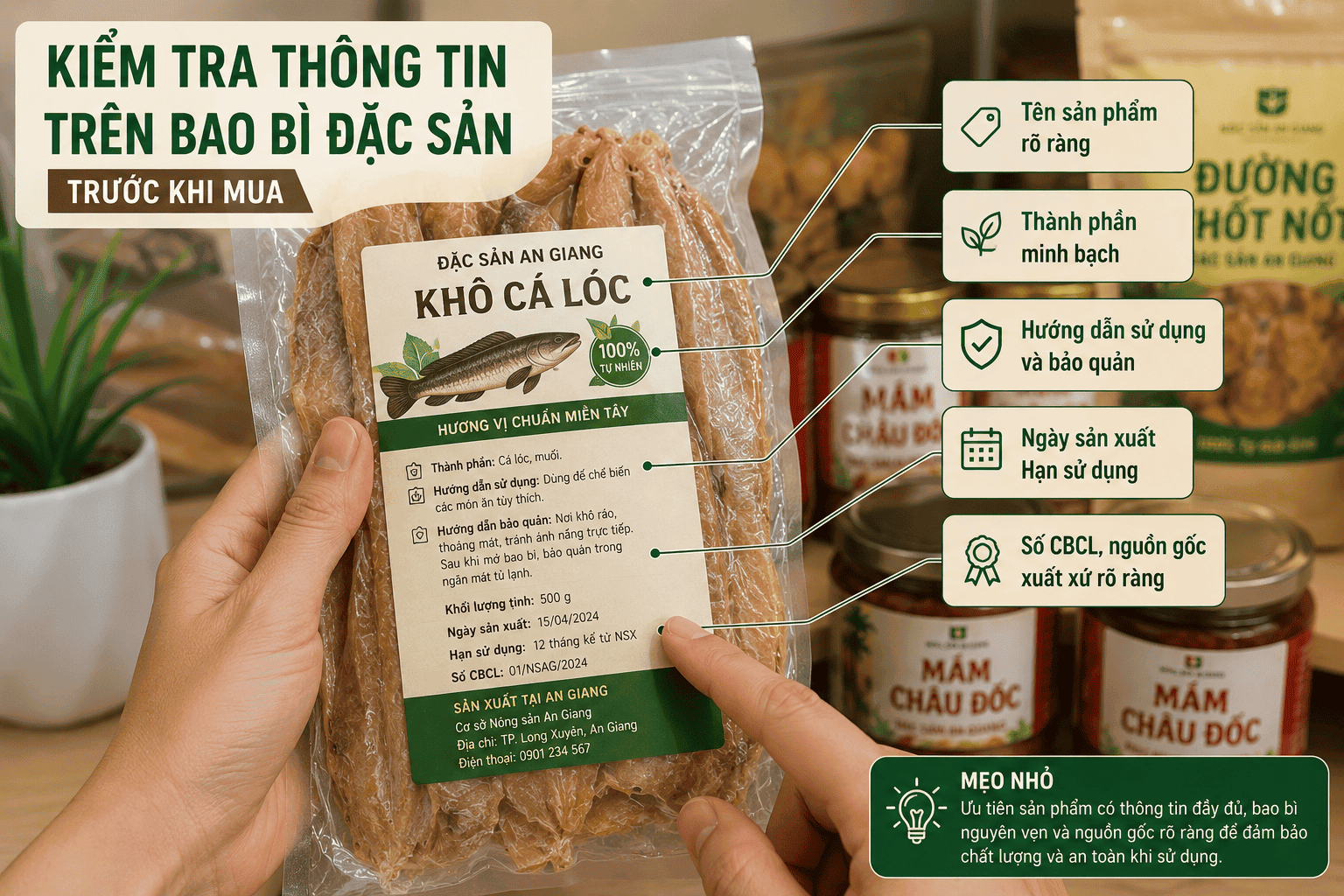 Kiểm tra thông tin trên bao bì đặc sản trước khi mua